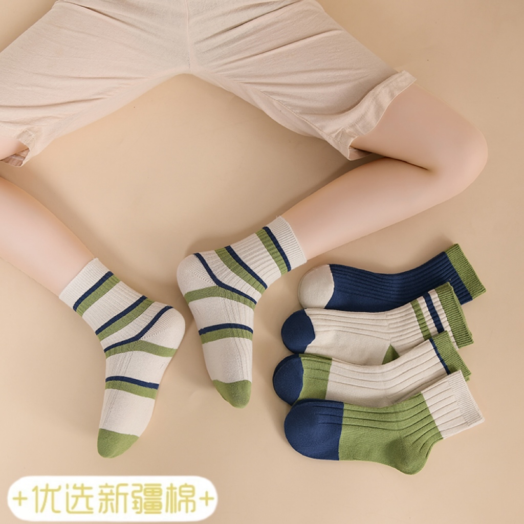 童袜秋冬款双针色系中筒棉袜 冬季舒适时尚防臭百搭高筒棉袜子