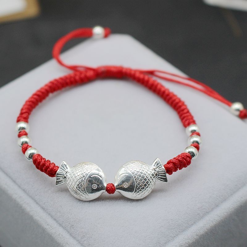 925银布艺手链 转运珠儿童亲子小鱼红绳手链男女本命年手工编织