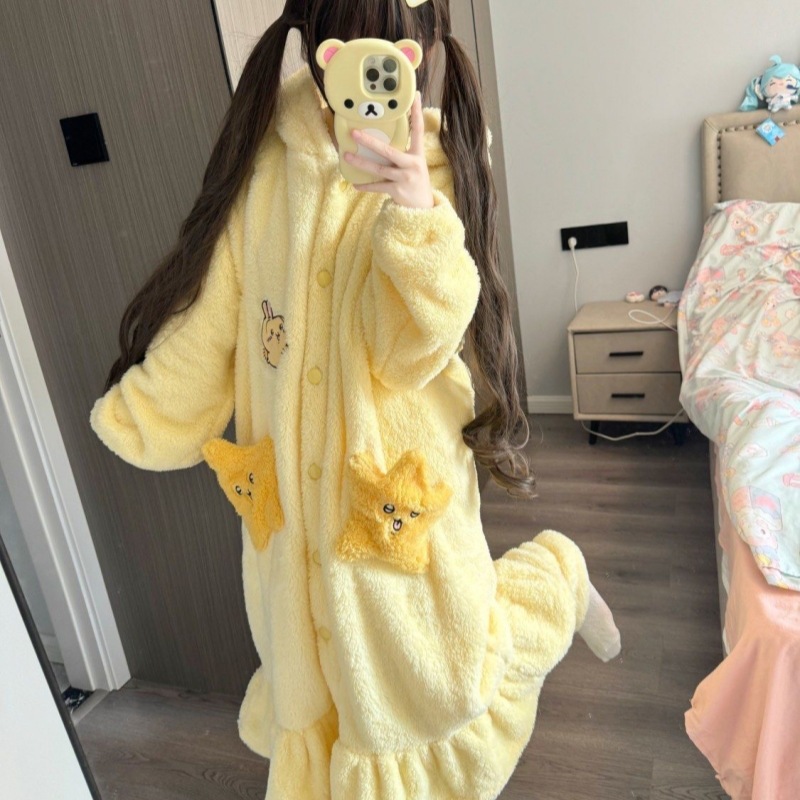 乌萨奇珊瑚绒睡袍女秋冬季长款加绒加厚chiikawa睡衣女家居服套装