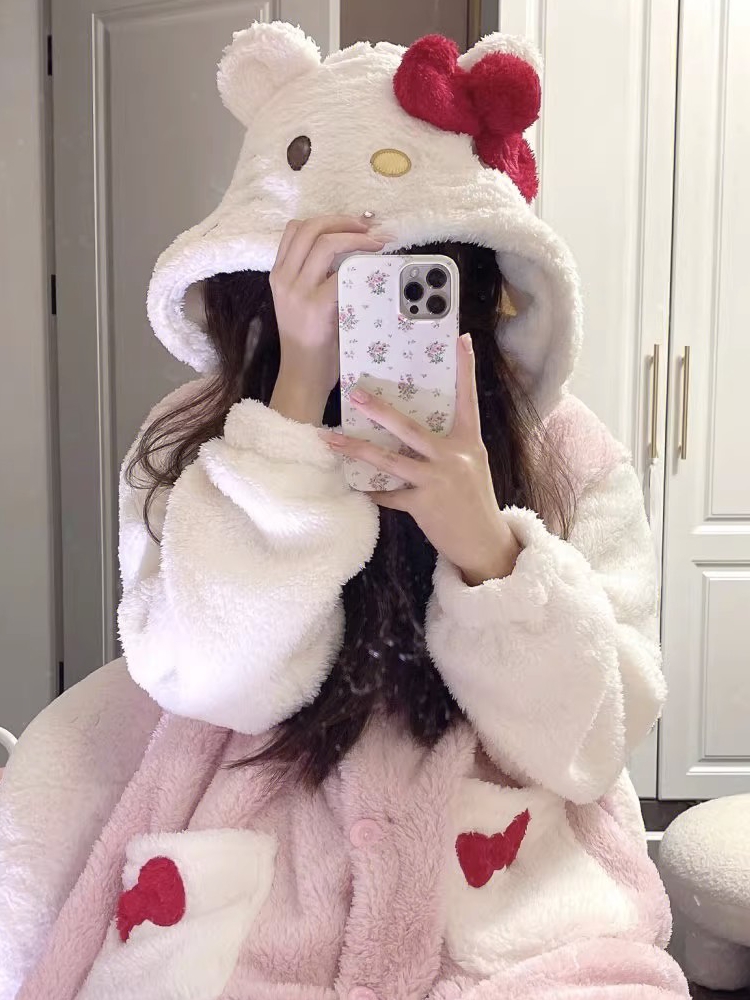 可爱凯蒂猫印花睡袍加厚珊瑚绒睡衣女秋冬网红风2025年家居服睡裙