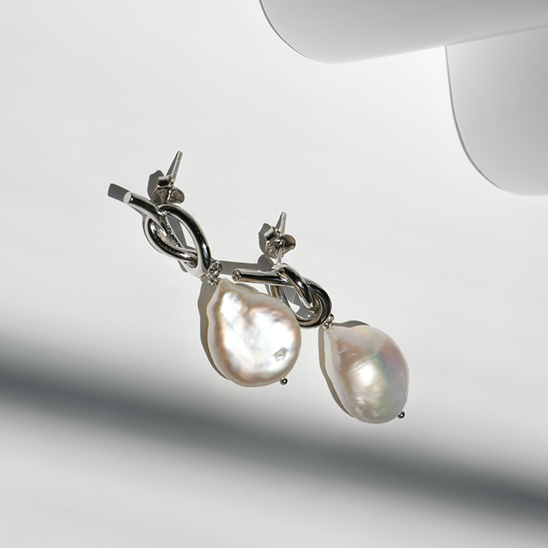 925银耳饰 纯银天然巴洛克异形珠耳环小众高级感打结耳坠