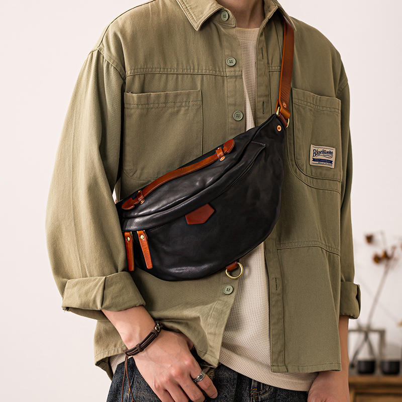 2025新款上新原创小众胸包软牛皮斜挎包男真皮运动背包通勤休闲包