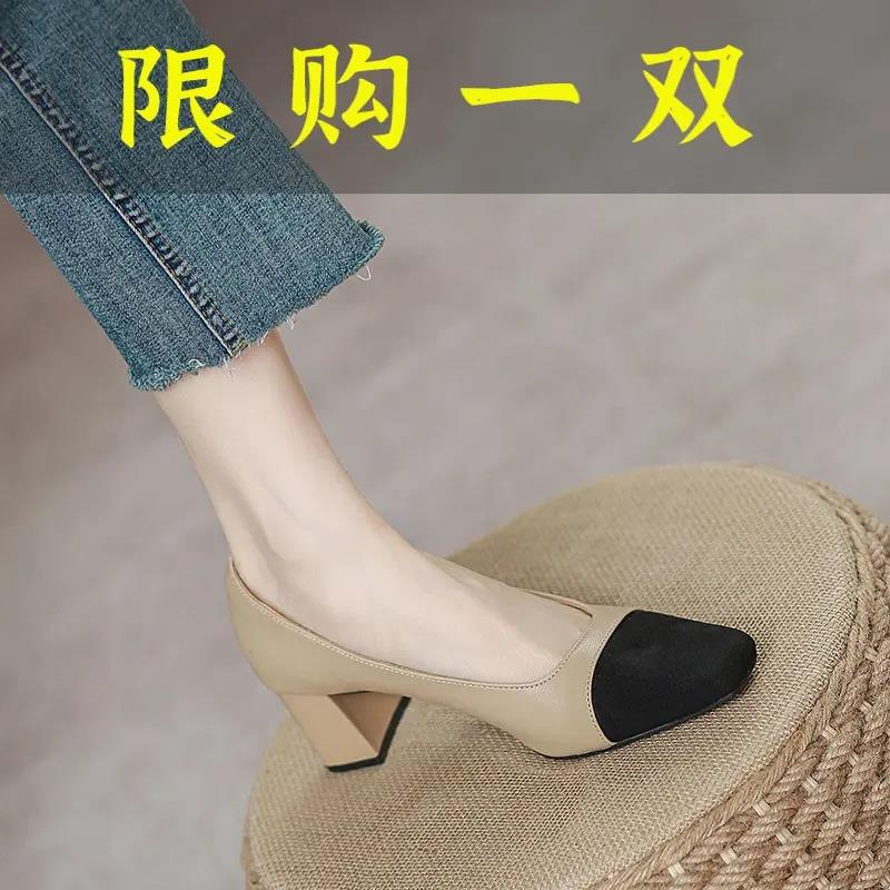 新款新款沿荐小羊皮单鞋女高跟粗跟真皮软底粗跟中跟低跟