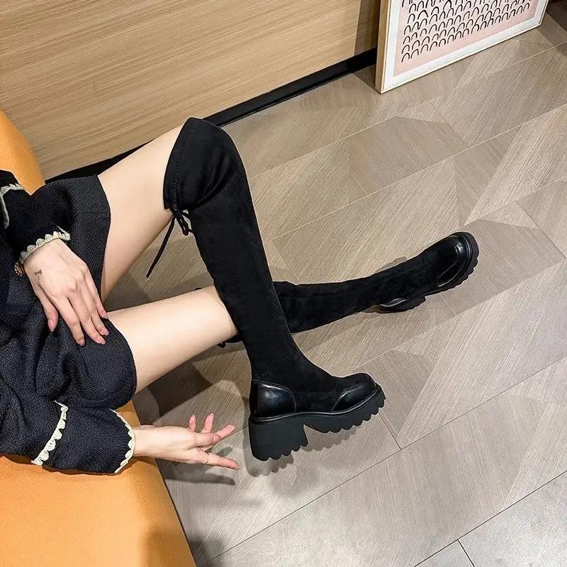 新款过膝长靴大筒围粗腿弹力大码女靴高筒靴秋冬厚底长筒靴子