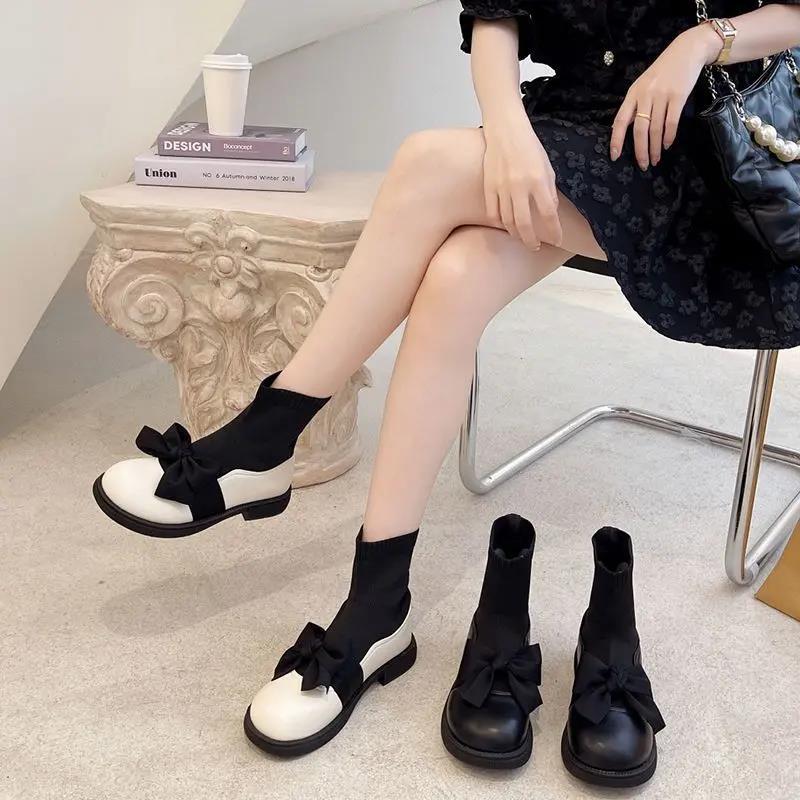 飞针织袜靴连袜小皮鞋女2024秋冬新款蝴蝶结弹力袜子鞋玛丽珍短靴