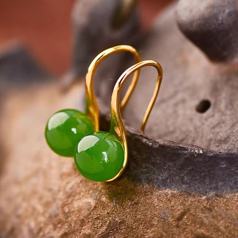 碧玉耳钩高跟鞋款S925银镀金辣阳绿圆珠卡8mm国风系列