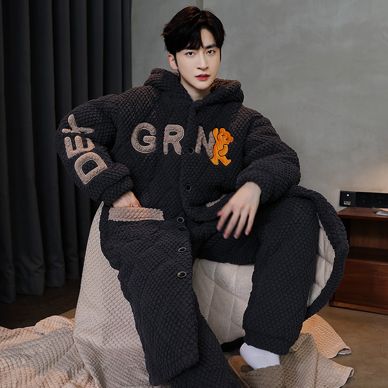 睡衣男士秋冬季三层夹棉加厚加绒保暖珊瑚绒法兰绒拉链家居服套装