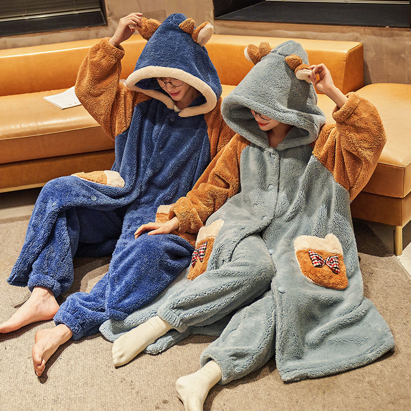 新款情侣冬季珊瑚绒男睡衣连帽加厚加绒保暖长款睡袍女家居服套装