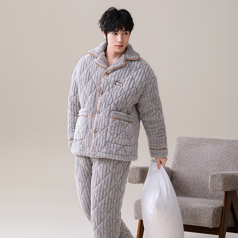睡衣男士冬季珊瑚绒三层夹棉加厚2023年新款男冬法兰绒保暖家居服