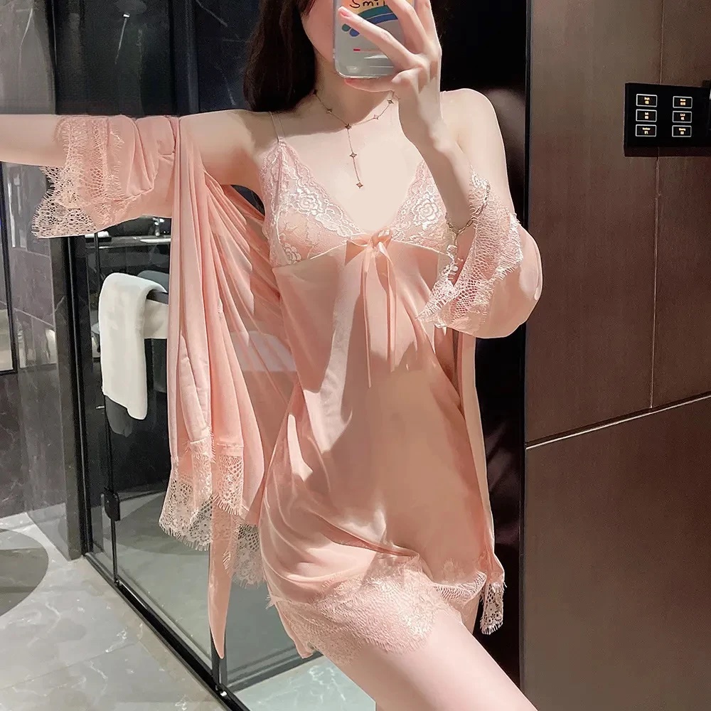 薄透蕾丝吊带睡裙4件套装性感睡衣纯欲修身情调大码情侣诱惑睡袍