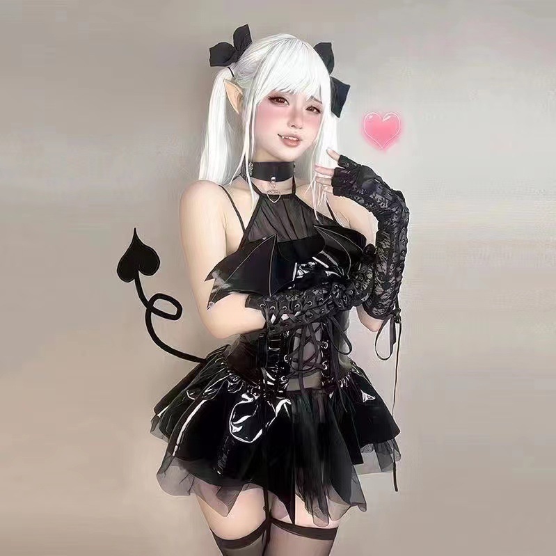 蝙蝠小恶魔漆皮连衣裙性感亮面PU挂脖绑带透视短裙套装暗黑系诱惑
