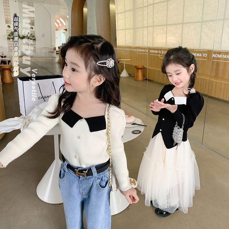 女童春装2024新款宝宝上衣经典方领小香风儿童针织衫毛衣D69