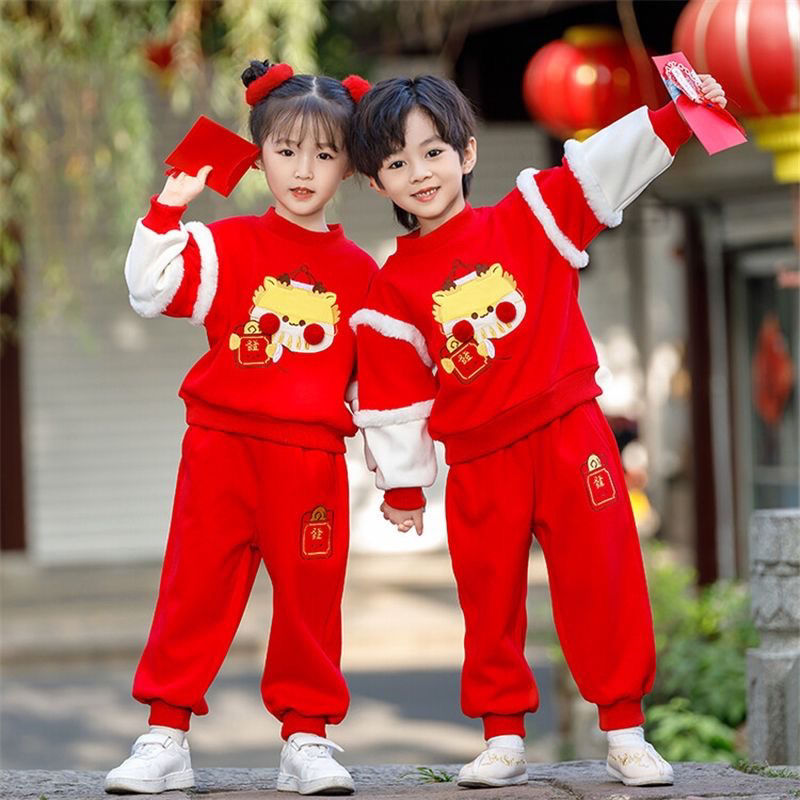 男童女童冬季红色喜庆秋冬套装龙年新款汉服元旦演出服兄妹装