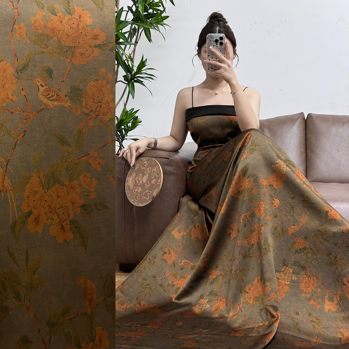 琵琶山雀重缎提花香云纱110门幅40姆米左右 桑蚕丝面料布料