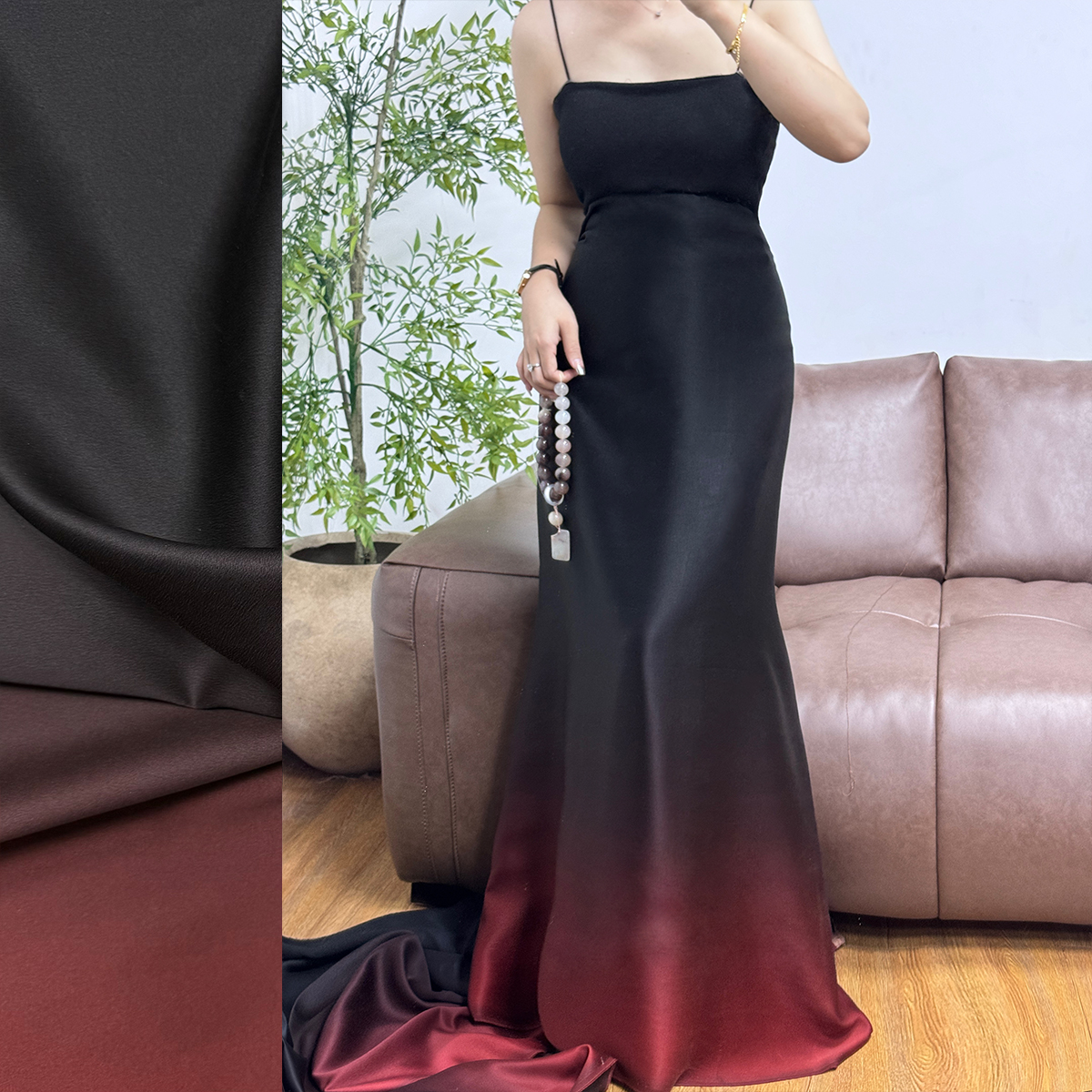 黑红渐变重缎香云纱110门幅40姆米左右 桑蚕丝面料布料