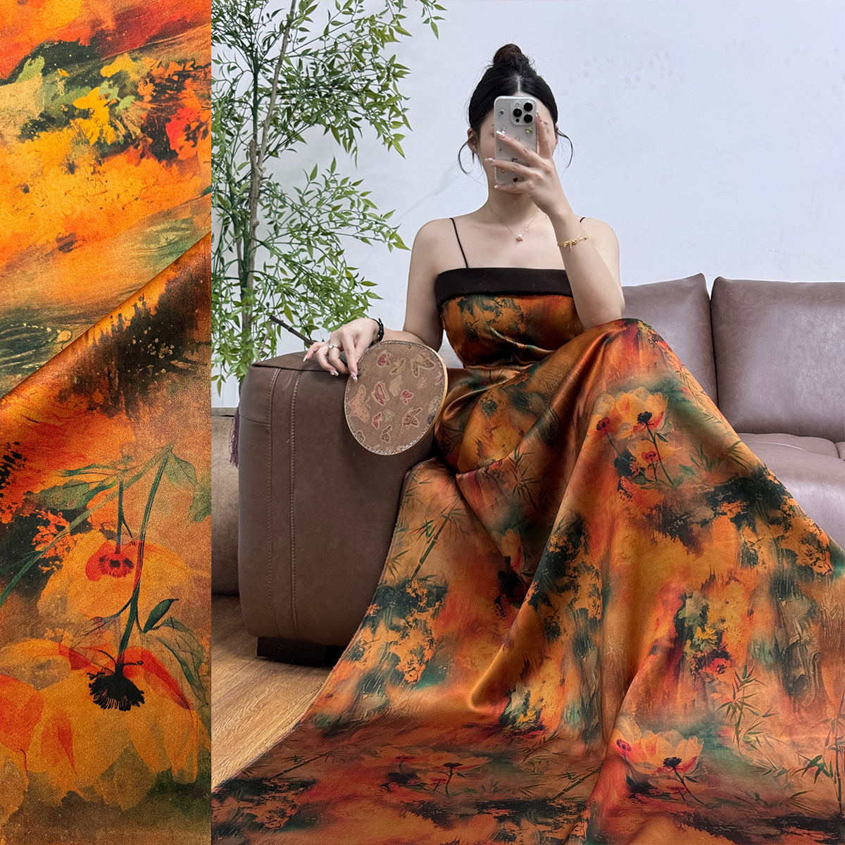 金秋画卷重缎香云纱110门幅40姆米左右 桑蚕丝面料布料