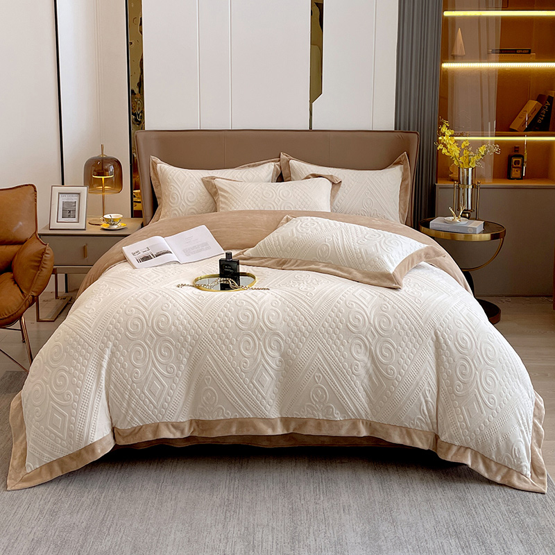 秋冬立体浮雕加厚牛奶绒四件套裙摆款床单被套保暖冬