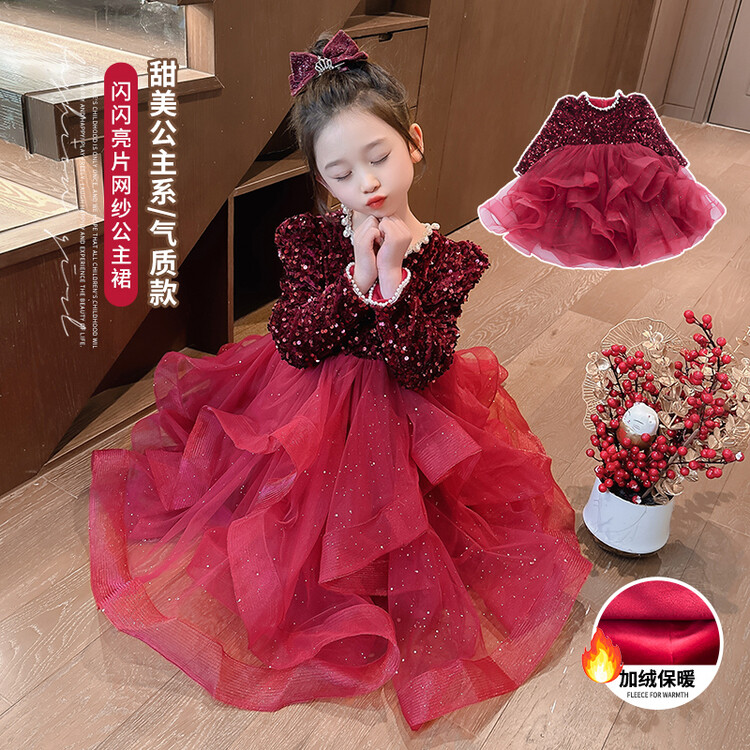 女童冬季加绒公主裙2023新款洋气红色蓬蓬裙4女宝闪闪年服连衣裙3