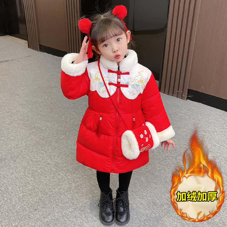 女童冬季加绒棉衣2023新款洋气红色中国风棉袄拜年服女宝中式棉服
