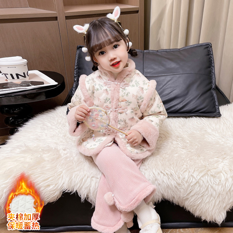 女童夹棉加厚拜年服套装2023新款冬季女孩中国风国潮风保暖两件套