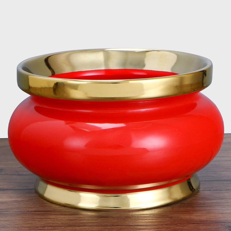 陶瓷炉素面莲花中国红瓷炉家用唐彩钱袋炉黄炉摆件