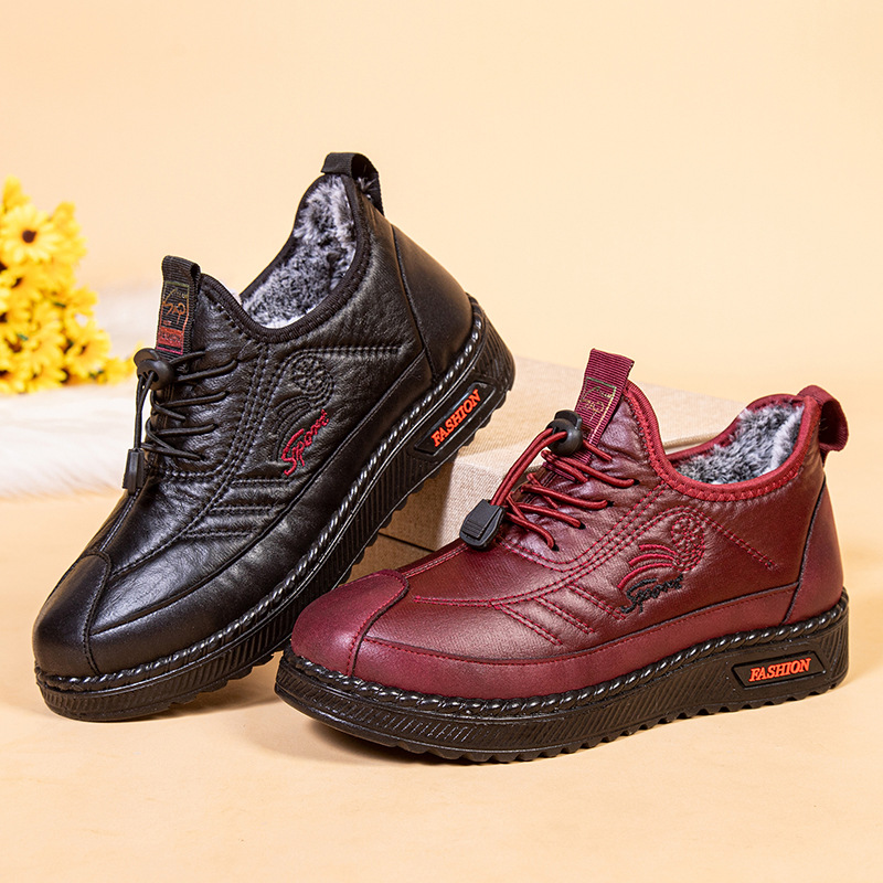 意迪森冬季女棉鞋厚底防滑妈妈鞋软底加绒加厚保暖短靴绣花老人鞋