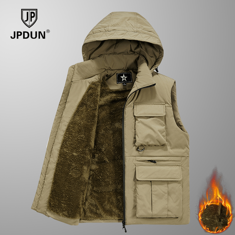 JPDUN/吉普盾加绒加厚马甲男士秋冬防风保暖宽松大码连帽背心外套
