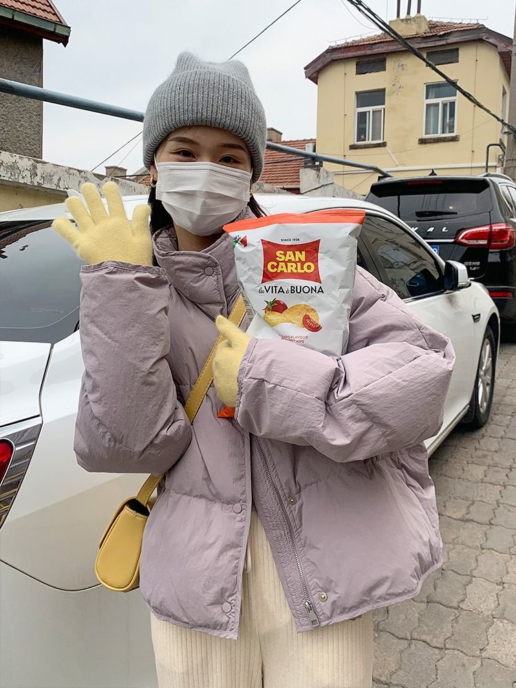 奶呼呼蓝色羽绒服女短款2022年新款韩版小个子白鸭绒面包服外套冬