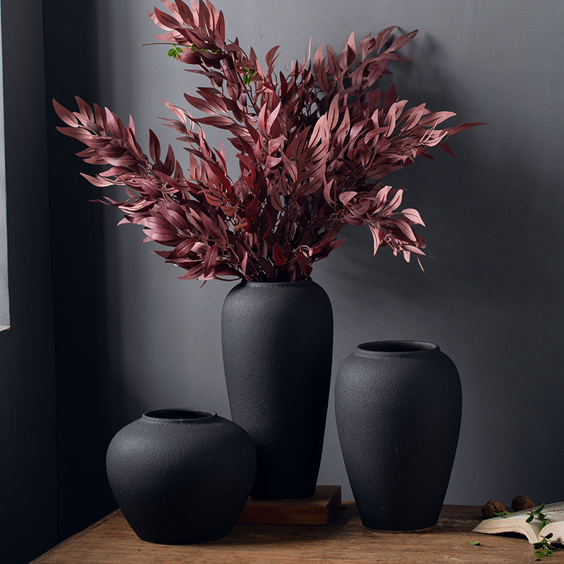 景德镇高温陶瓷黑色水培花瓶插花家居摆件干花陶罐