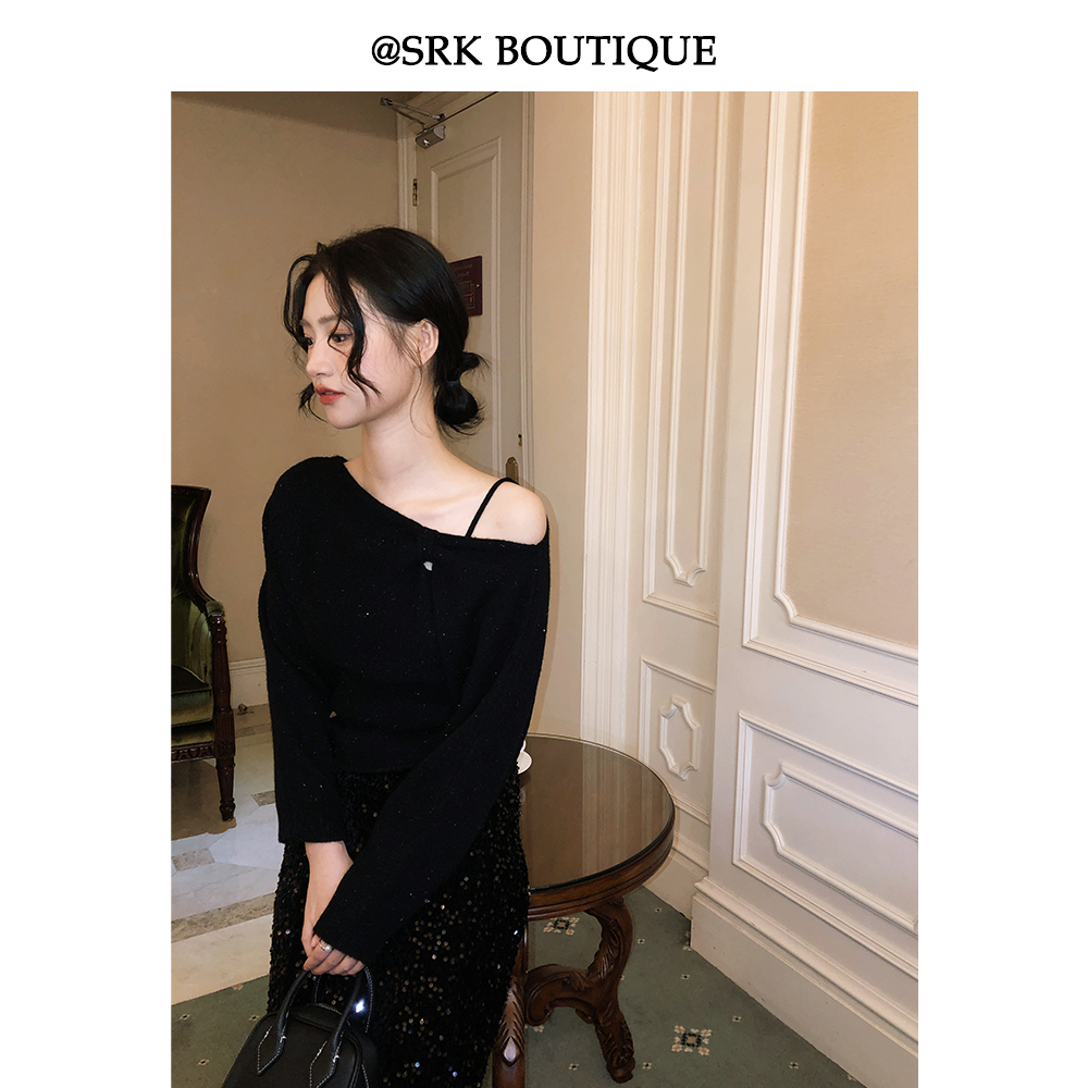 设计感一字肩亮丝黑色毛织衫配吊带秋冬气质百搭两件套装S2DL0259