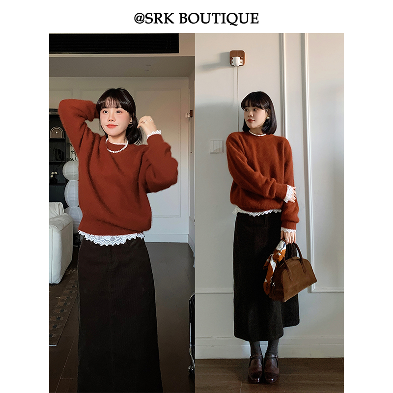 软糯圆领毛衣宽松显瘦慵懒高级秋冬新款针织衫套头上衣S2DC0100