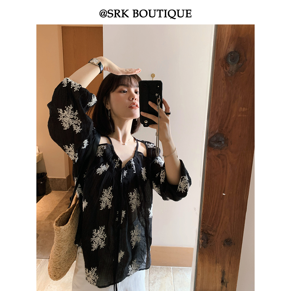 黑色绣花长袖衬衫宽松女夏薄款设计感小众显瘦碎花上衣S2XT1127