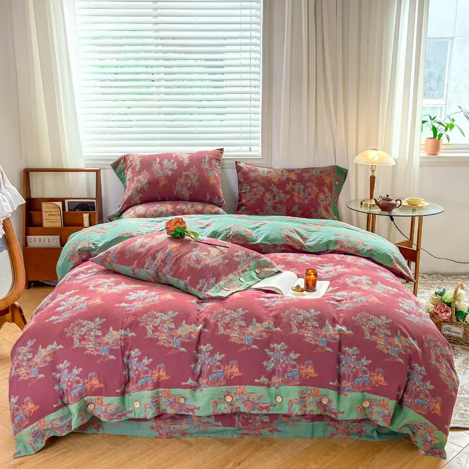 【林深见鹿红】国风水墨风纯棉色织Ａ类母婴级双层纱四件套双面轻奢