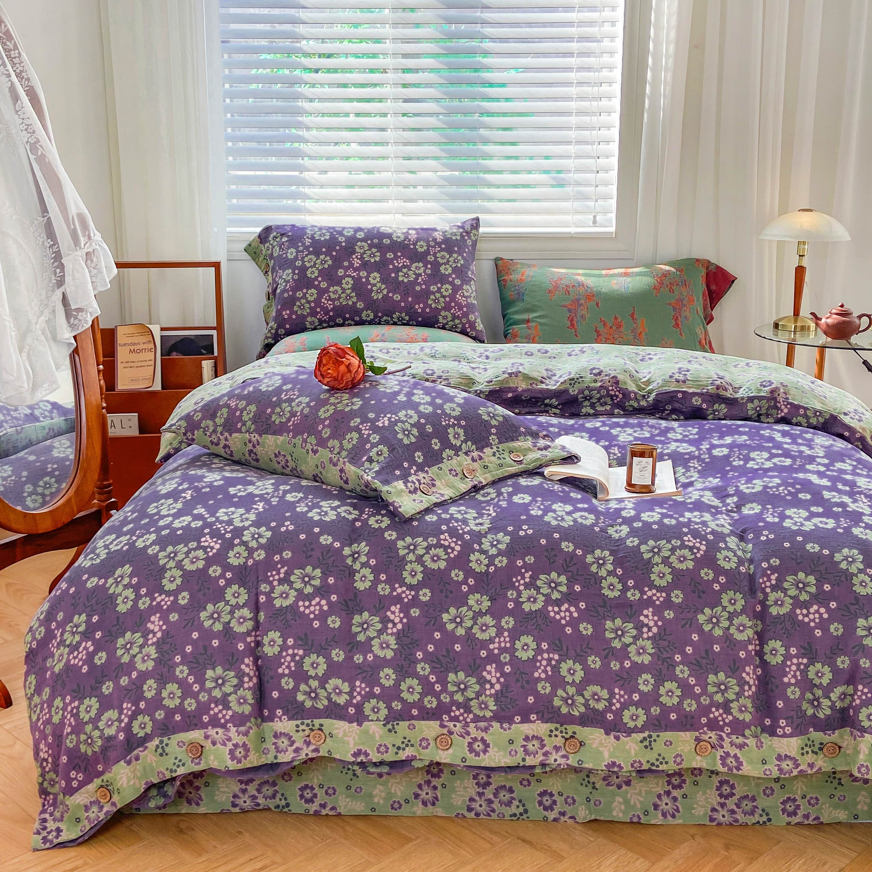 【戴西】-纯棉色织双纱小碎花提花四件套A类双层纱双面宿舍加厚