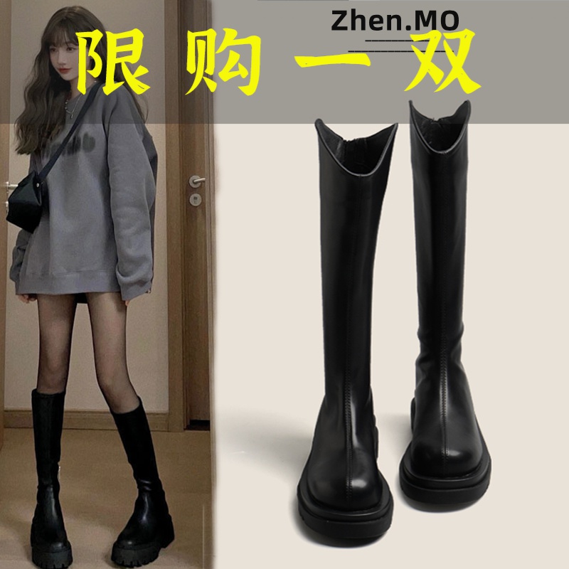 百丽纯爱马丁靴女2023新款秋长筒靴厚底高筒骑士靴秋季不过膝小