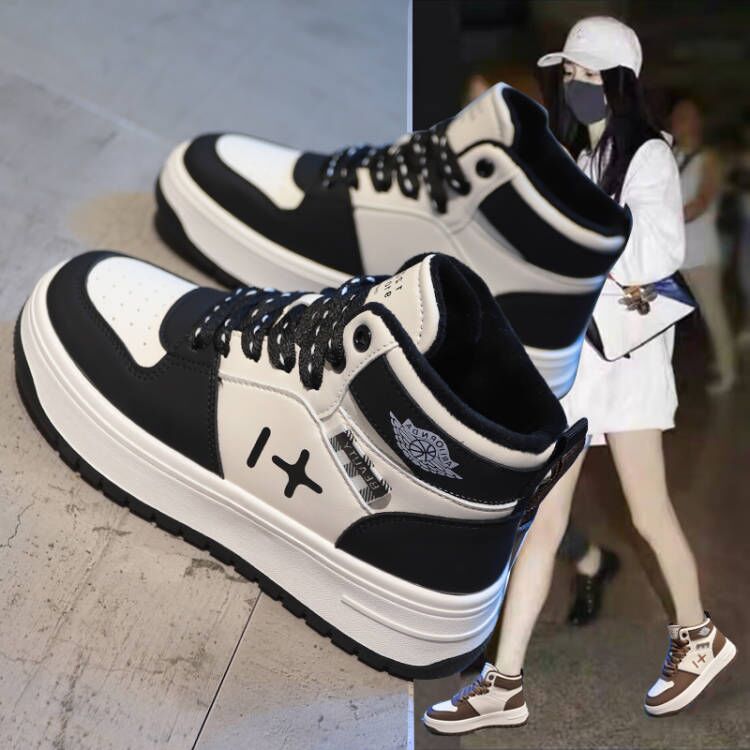 百丽纯爱高帮鞋女2023新款秋冬季小白鞋百搭厚底休闲板鞋爆款ins
