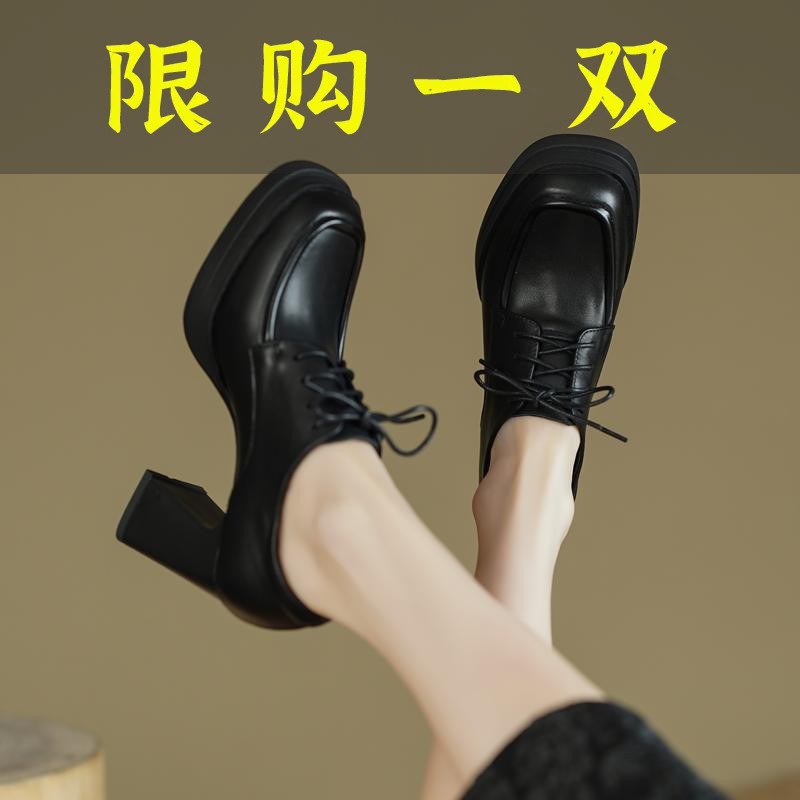 百丽纯爱黑色系带高跟鞋防水台粗跟真皮深口单鞋女复古英伦风小