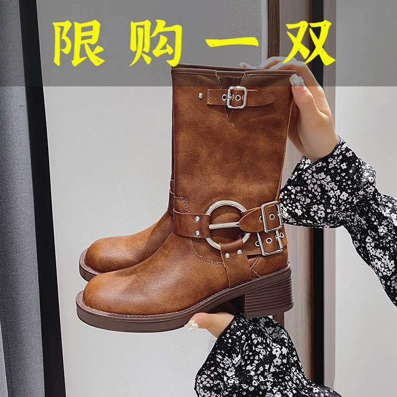 百丽纯爱棕色西部牛仔靴厚底复古短靴机车马丁靴粗腿中筒靴大码