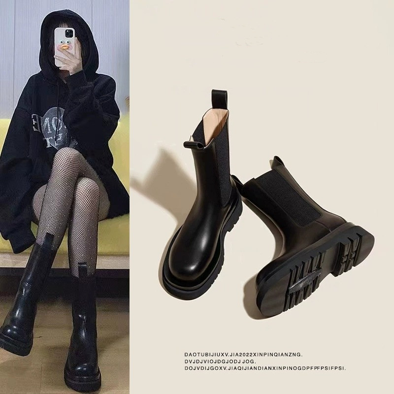 百丽纯爱马丁靴女2023春秋女款网红切尔西烟管靴中筒厚底短靴女靴