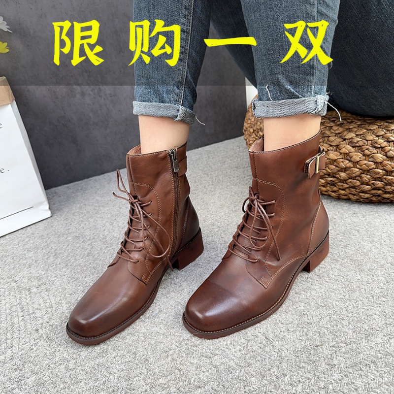 百丽纯爱2023年秋冬新款纯色牛皮马丁靴女 英伦侧拉链方头交叉