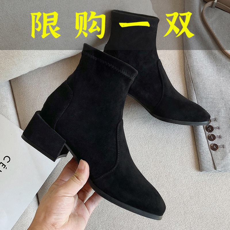百丽纯爱马丁靴女加绒2023新款秋冬短靴春秋粗跟单靴显瘦绒面方