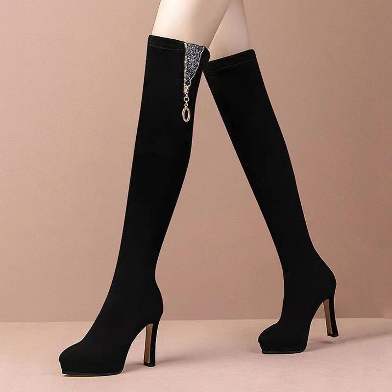 百丽纯爱真皮防水台高跟过膝长靴女2023冬季新款尖头加绒高筒粗跟