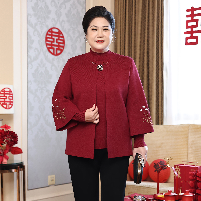 新款胖妈妈大码喜庆秋冬针织两件套装中老年人女上衣开衫婚宴外套