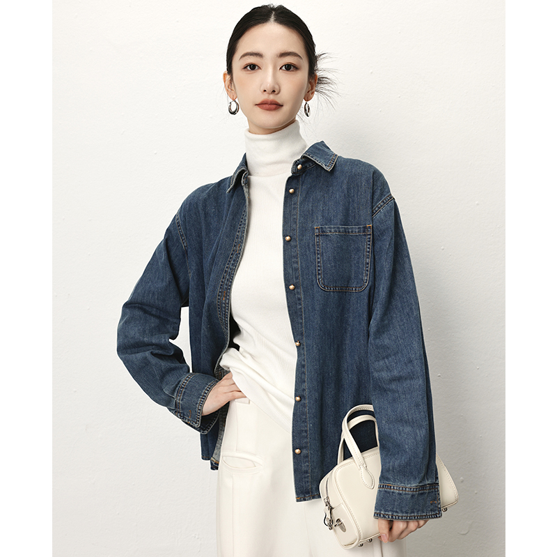 复古丹宁廓形牛仔衬衫2025秋季新款可叠穿宽松外套