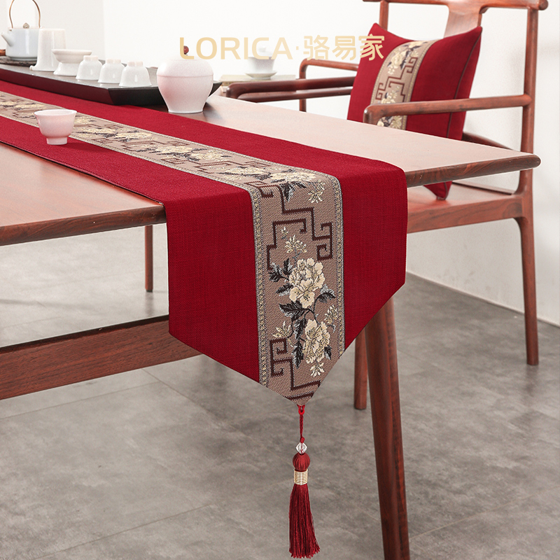 骆易家【国色芳华】红色桌旗结婚茶几桌布新中式婚礼茶席订婚茶桌布