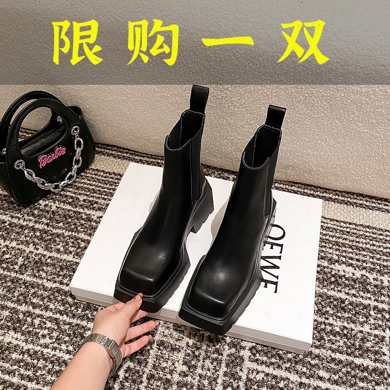 百丽纯爱真皮切尔西靴子女2023爆款洋气真皮显瘦中筒烟筒粗厚底