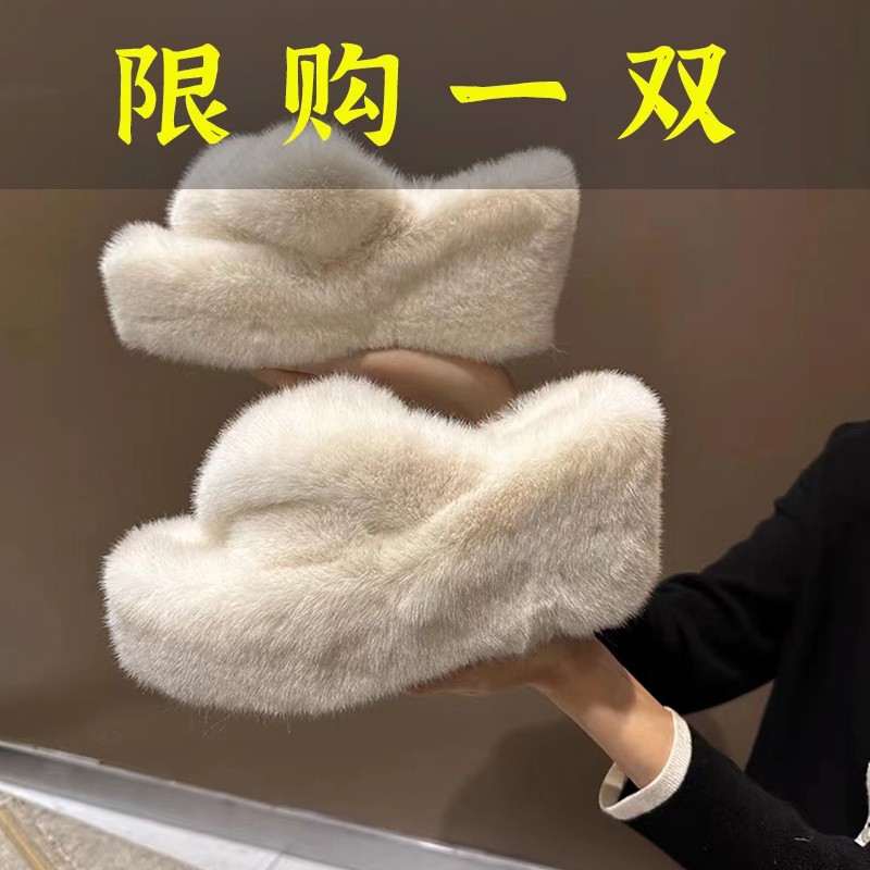 百丽纯爱高级感毛毛拖鞋女外穿秋冬2023新款坡跟高跟网红超火增