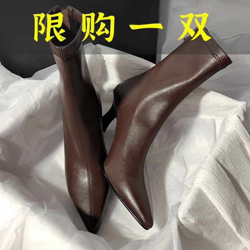 百丽纯爱2023高跟瘦瘦细跟短靴洋气爆款靴子女士尖头网红今年最