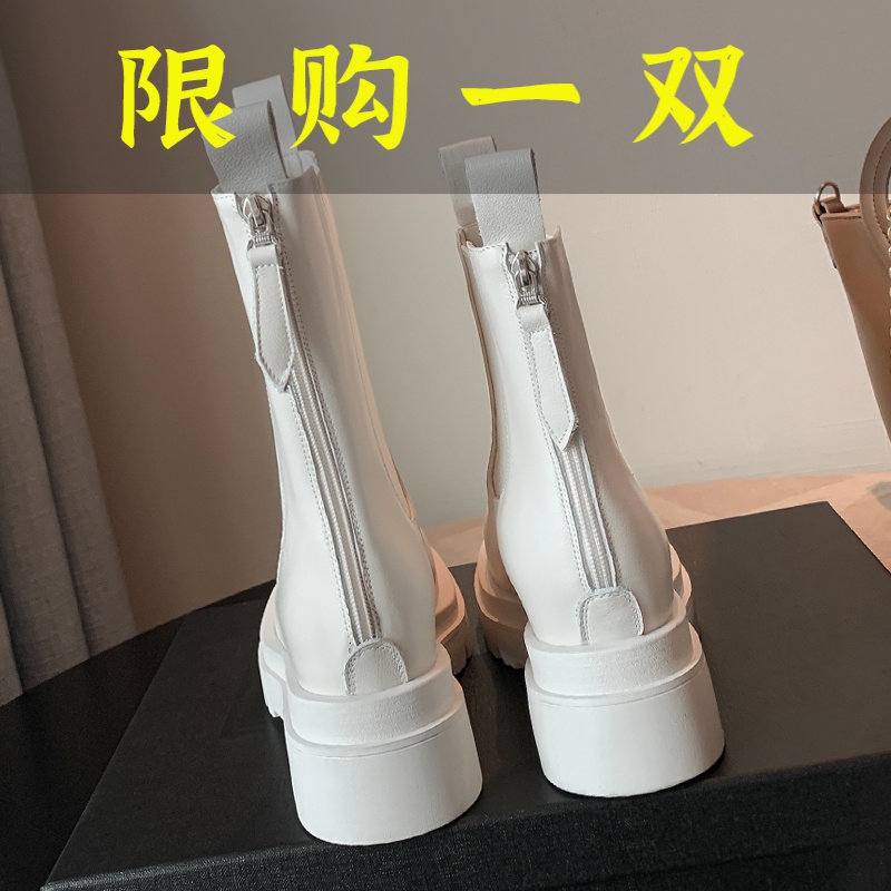百丽纯爱白色短靴女厚底真皮百搭圆头烟筒靴冬季加绒马丁靴时尚