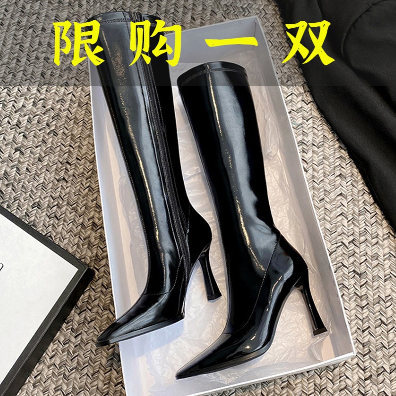 百丽纯爱高跟长筒靴女冬季加绒靴子尖头细跟黑色高跟鞋瘦腿长靴